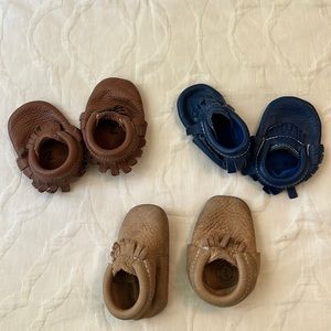 Lot of Freshly Picked moccasins Tan, Brown, and Blue size 2 Used